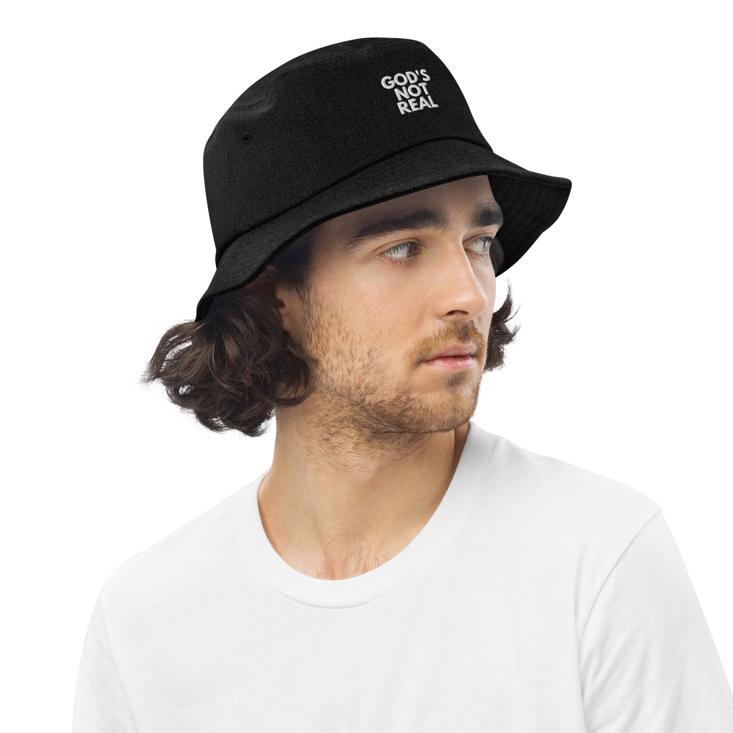 God's Not Real - Denim Bucket Hat