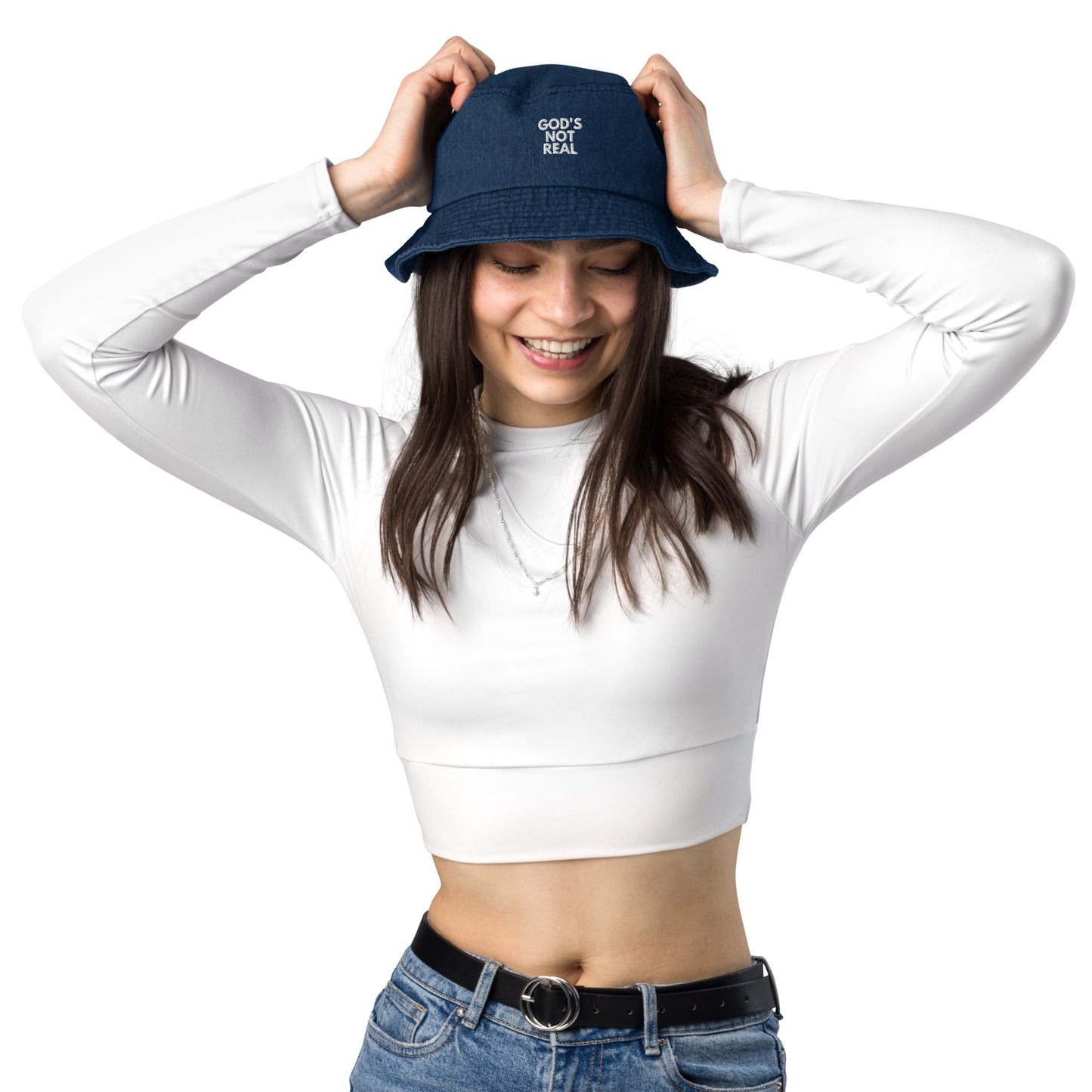 God's Not Real - Denim Bucket Hat