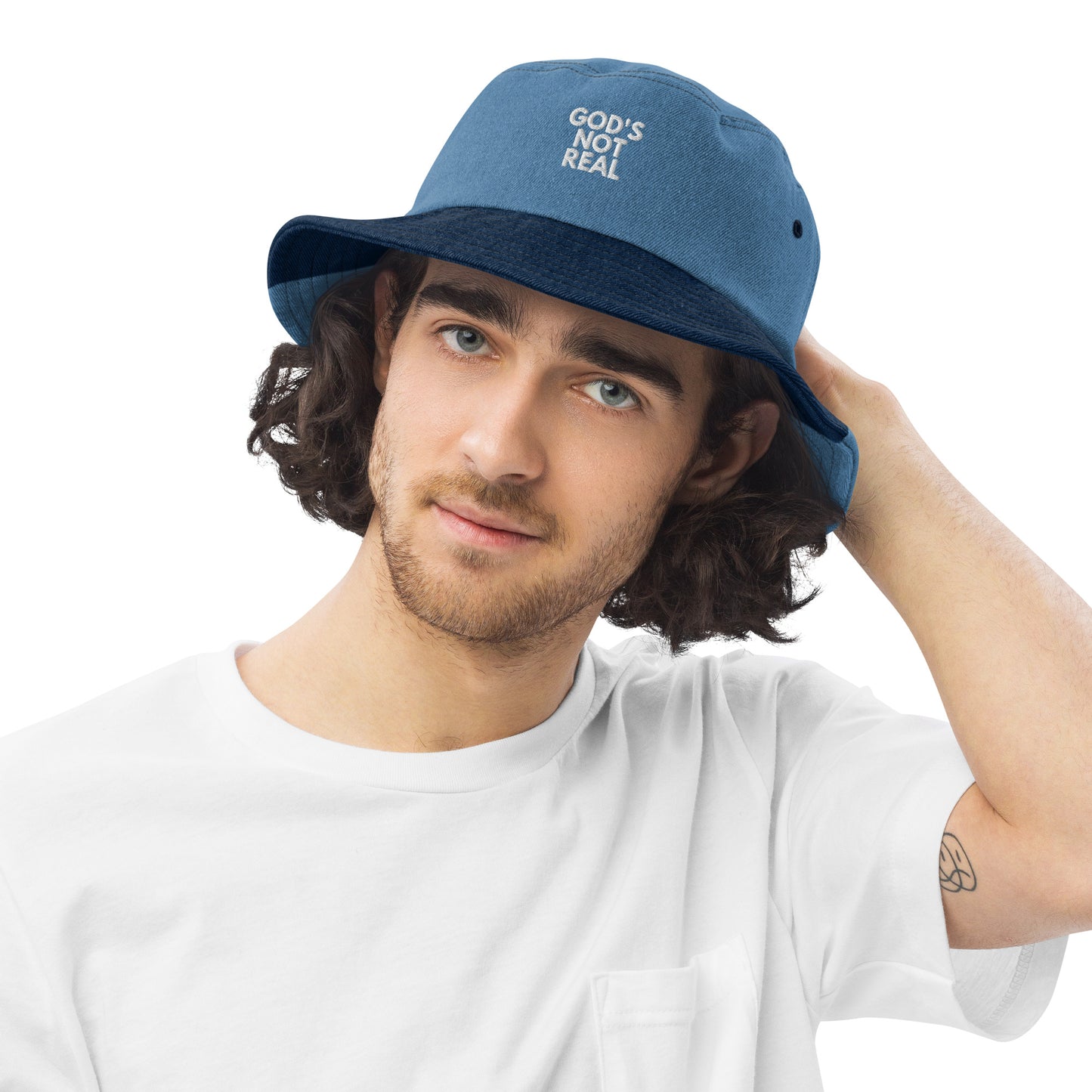 God's Not Real - Denim Bucket Hat